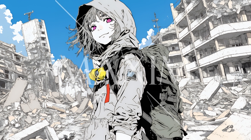 震災や空爆などで破壊された街で孤独に立ちすくむ若い女性