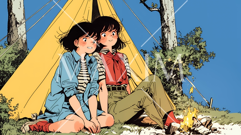 女友達と一緒にテントキャンプを楽しむ若い女性