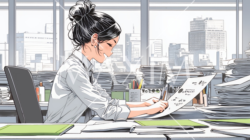 オフィスのデスクで、入念に書類をチェックする女性