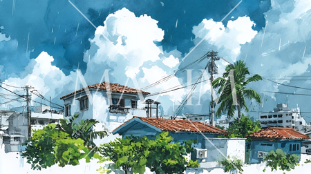 梅雨の沖縄風景｜南国の海と街並みを描いた水彩イラスト・雨季の観光イメージ