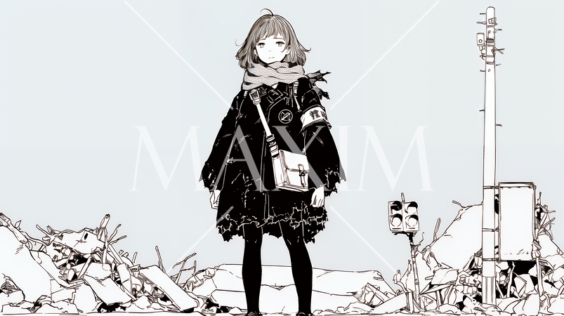 震災や空爆などで破壊された街で孤独に立ちすくむ若い女性（シンプルな色合い）