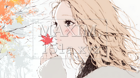 落ち葉をつまんで眺める若い女性｜秋を感じる女性のイラスト（パステル調）（イラストID:7749552-20508）