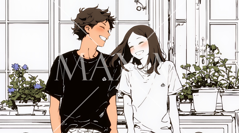 幸せそうなカップル：ダイニングルームて談笑（シンプルな色使い）