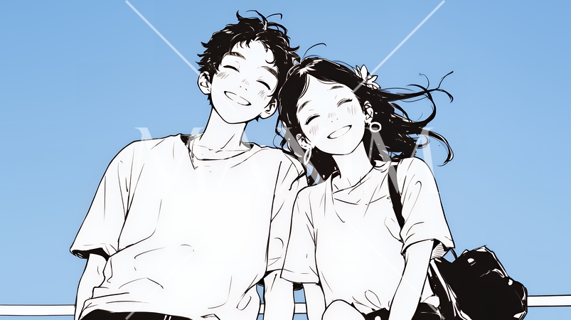 幸せそうなカップル：腰掛けて談笑（シンプルな色使い）