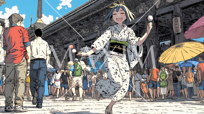 縁日屋台が立ち並び、賑わいを見せる祭りの夜