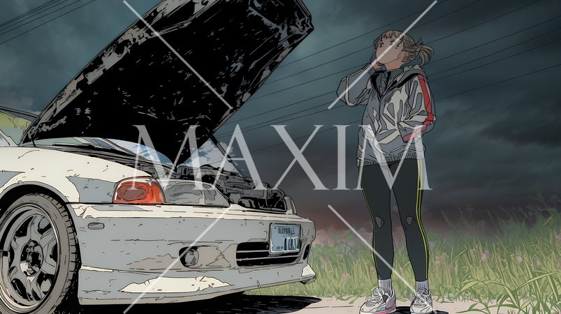 ドライブ中の車の故障・事故・トラブルで困っている女性（悪天候編）