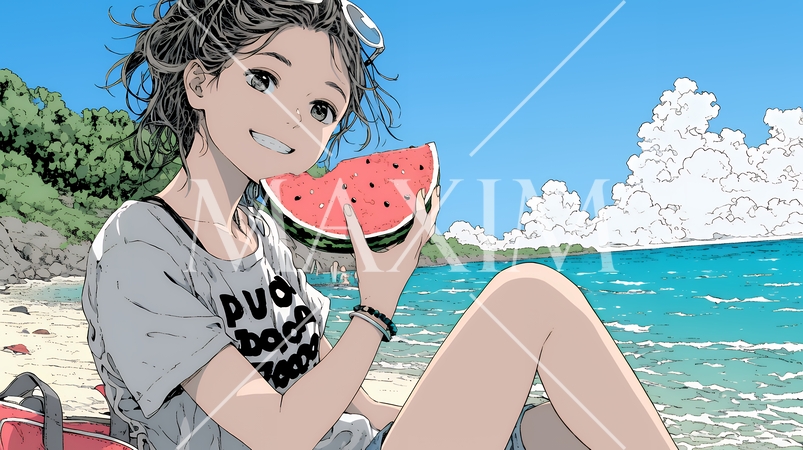 スイカを海辺て食べている若い女性