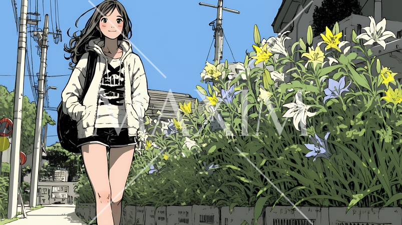 ユリの花の小径を歩く若い女性