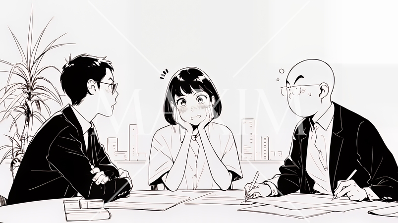 会議でトンチンカンな発言をして恥ずかしがっているビジネスパーソン（シンプルな色使い）