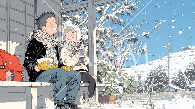 雪の日に家族で仲良く散歩に出かけている