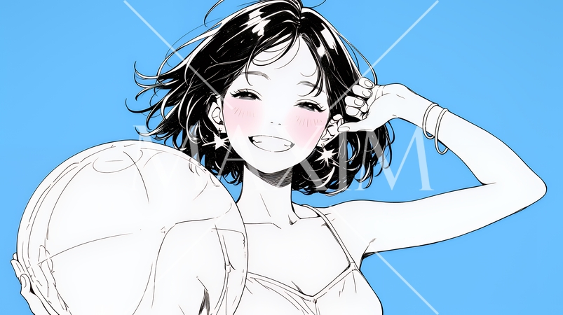 夏休みの思い出：友達と海水浴に行く（シンプルな色使い）