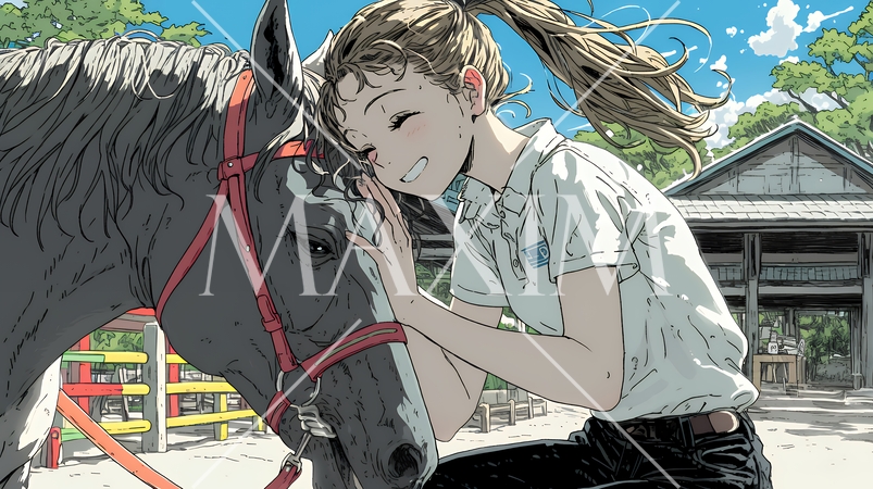 馬の世話をしている若い女性