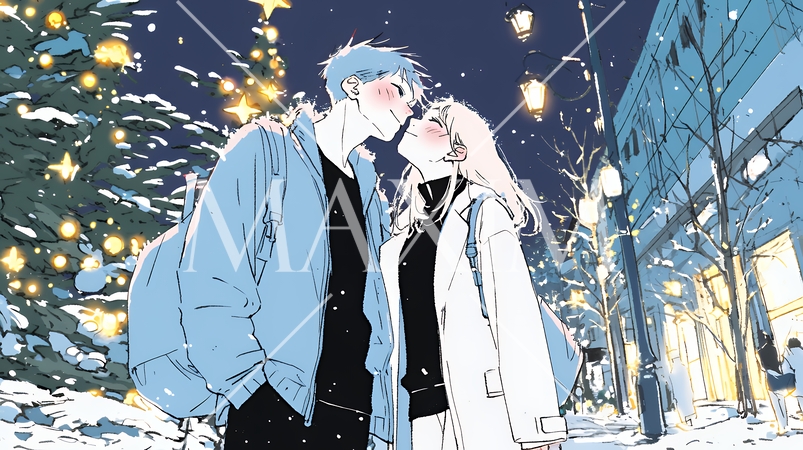 クリスマスイルミネーションの街でデートしているカップル