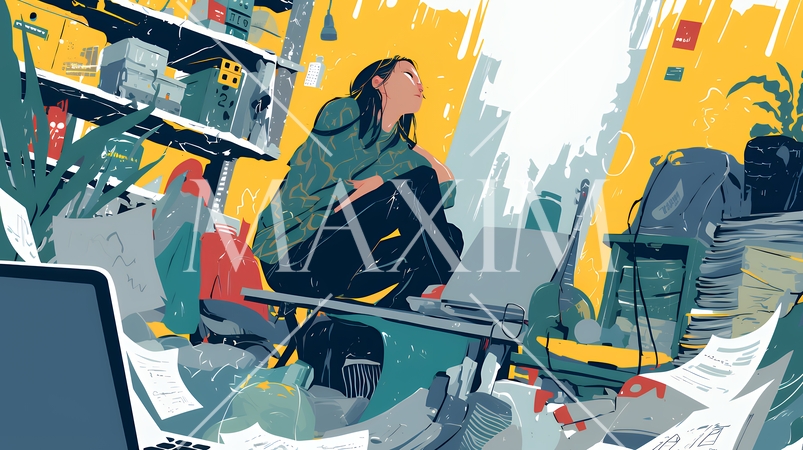 経済的に追い詰められ、部屋で悩む女性