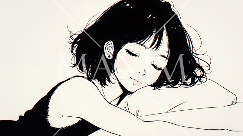 幸せそうな寝顔で眠っている若い女性（シンプルな色使い）