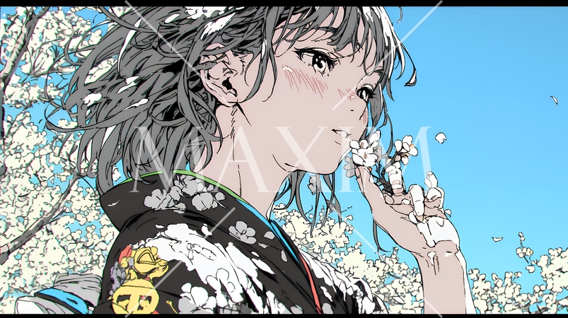 満開の梅の花と和服姿の若い女性