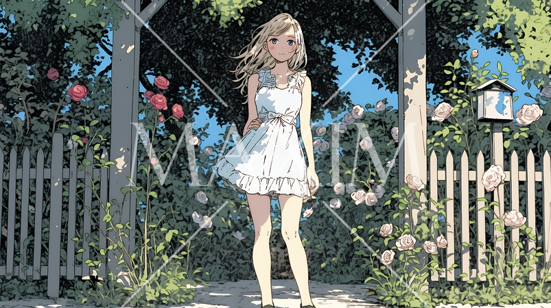 バラ園を散策している若い女性