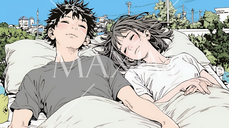 寄り添いながら穏やかに眠る若いカップル