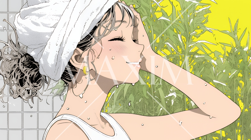 ヘアーシャワーの後の濡れ髪の若い女性