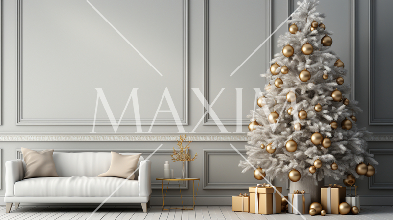 クリスマスツリー飾りのある白基調の居間