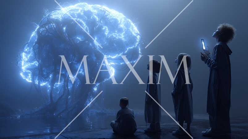 人々が抱く生成AIの抽象的なイメージ：人々が見上げる輝く脳がある