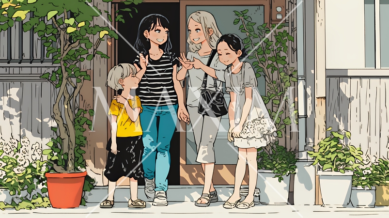 道端で会話を楽しむ若い主婦たち（ママ友たち）