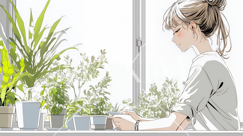 観葉植物の世話をする若い女性