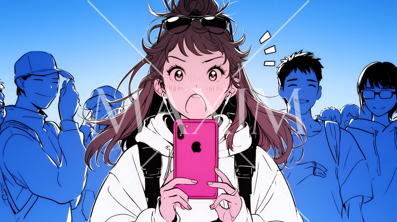 スマホの画面を見て驚いている若い女性（シンプルな色使い）