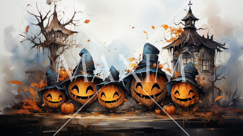 ハロウィンをイメージした古い屋敷の水彩画