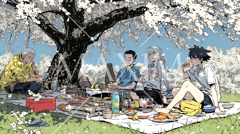満開の桜の下で仲間たちと花見宴会