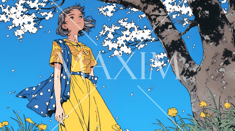 満開の桜の木の下を歩く若い女性