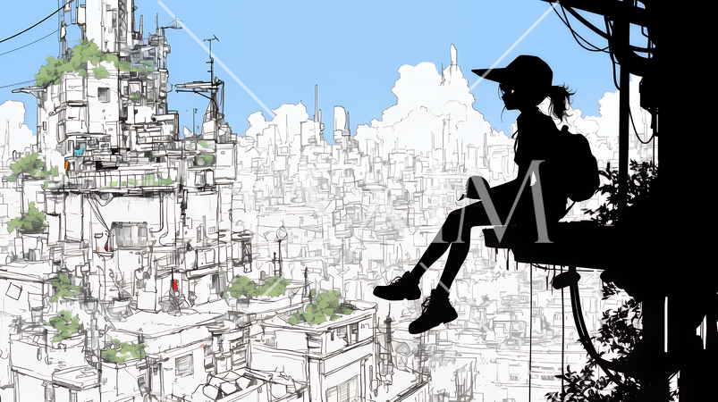 若い女性が佇む都市の街角（シンプルな色使い）