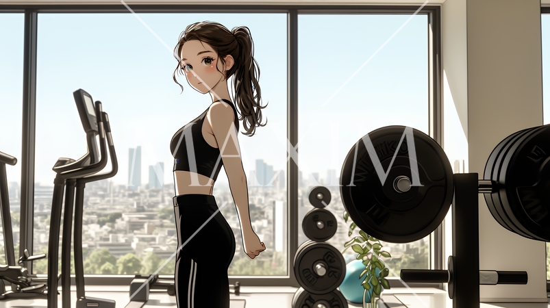 休日にジムで軽く運動する若い女性（シンプルな色使い）