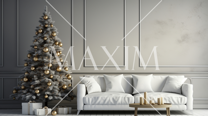 クリスマスツリー飾りのある白基調の居間