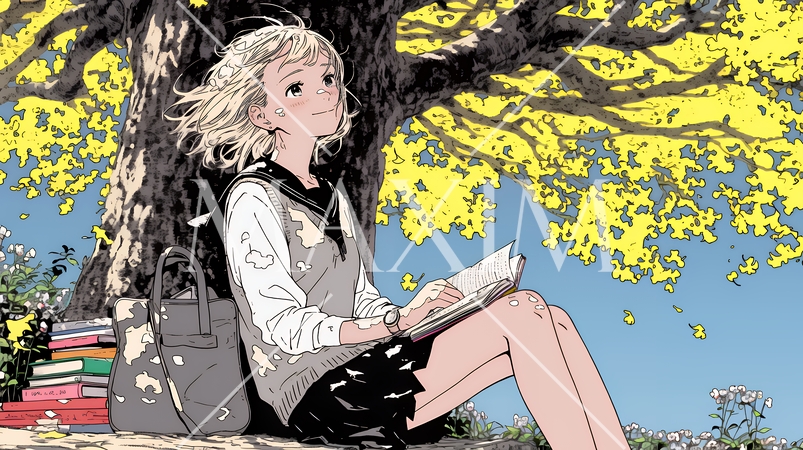 読書の秋：紅葉の木の下で本を読んでいる若い女性