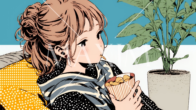 ポテトチップスをつまみながら、ひとりでビデオを観る若い女性