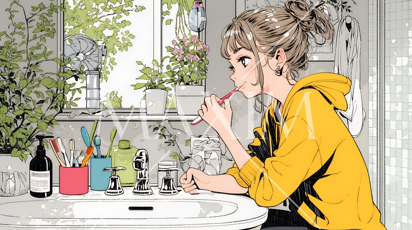 洗面所で朝の歯磨きをする若い女性