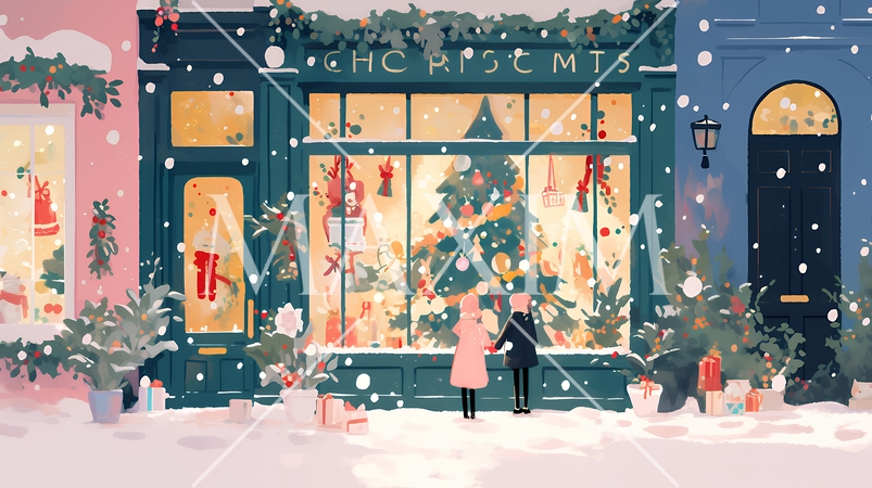 イルミネーションが彩るホワイトクリスマスの都会（ポップでキュートな表現）