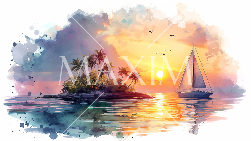 南洋の孤島とヨットと夕日：水彩画