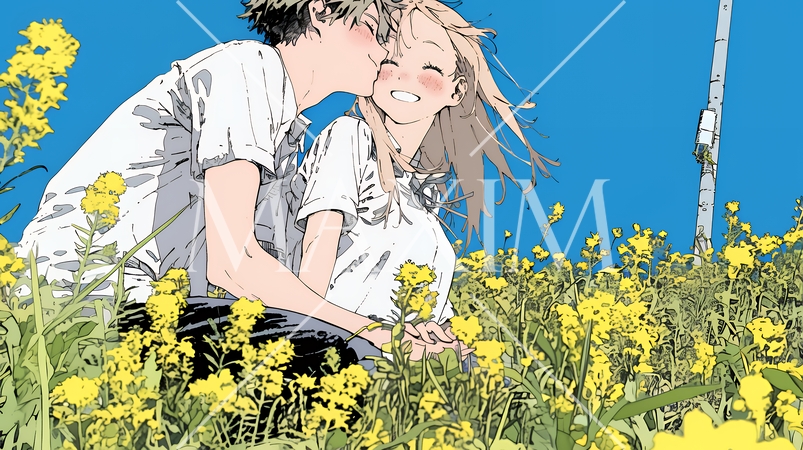 菜の花畑でデートをしている若いカップル