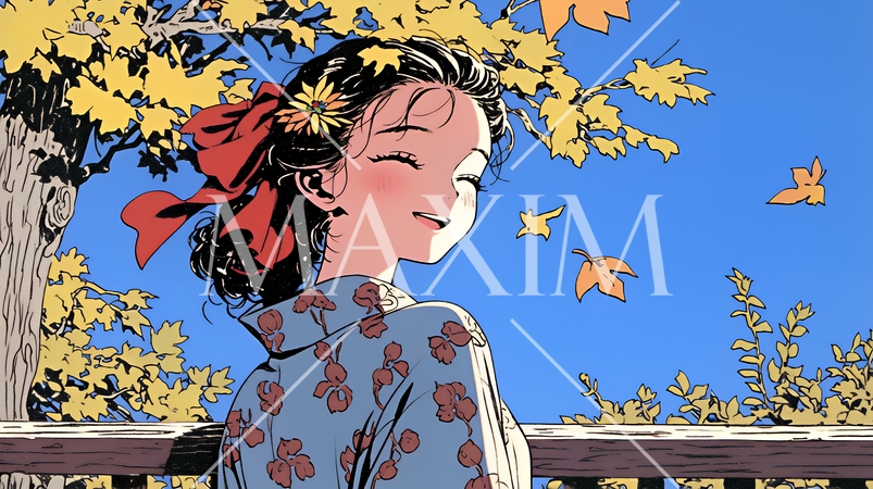 紅葉に包まれた中、着物を纏った若い女性が佇んでいる