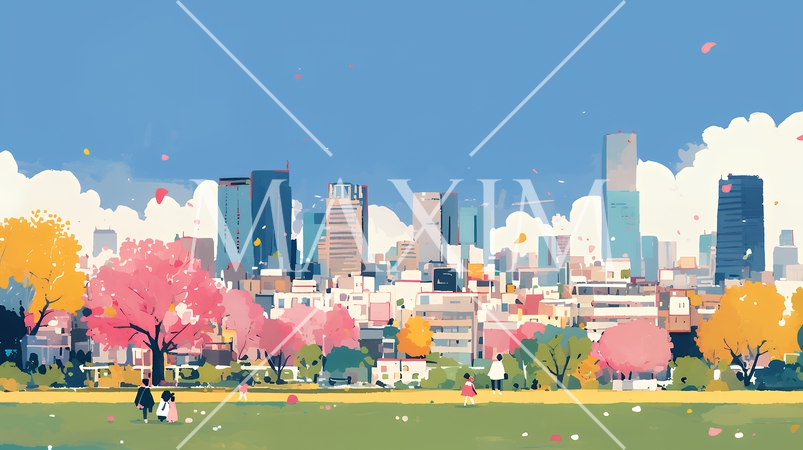 都市の町並みと青空（ポップでキュートな色使い）