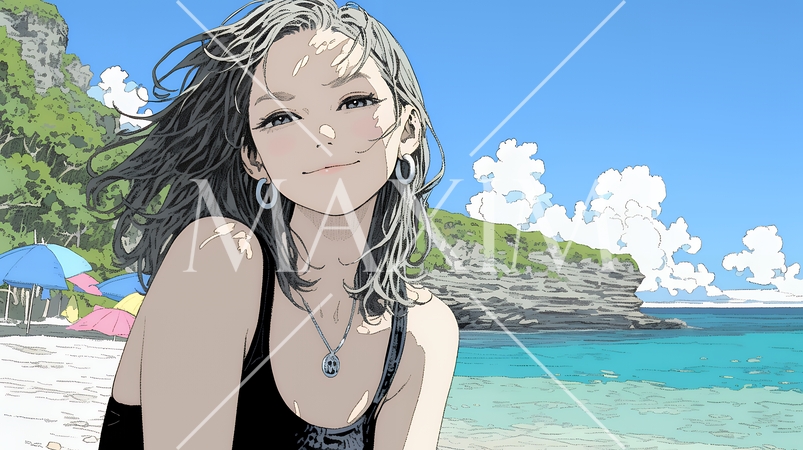 夏の南国の海辺を一人で旅行中の若い女性