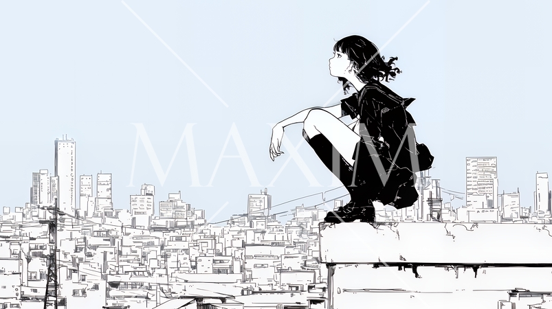 若い女性が佇む都市の街角（シンプルな色使い）