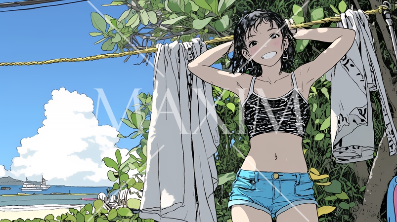 沖縄の青い海と空とかわいい少女