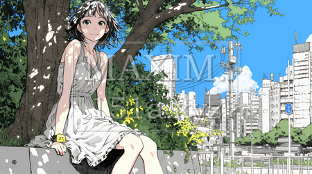 夏の昼下がり、白いドレスを着て街歩きをしている若い女性（イラストID:7803382-18006）