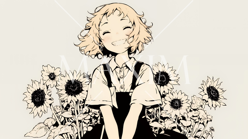 ひまわりと女性（シンプルな色使い）