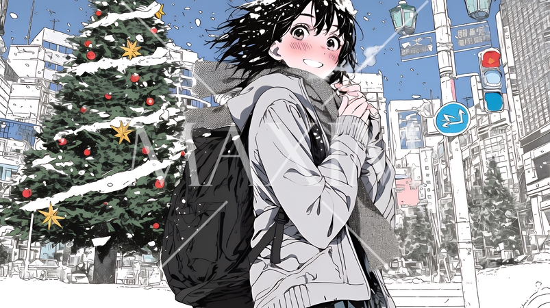 ホワイトクリスマスの街を歩く若い女性