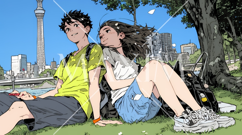 新緑の芝生が広がる都会の公園でくつろぐ若い男女