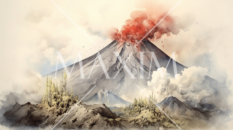 火山噴火：活火山が噴火している様子の水彩画